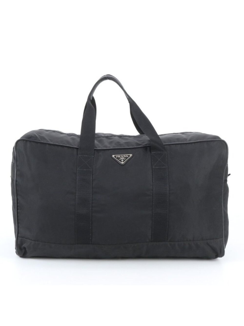 Prada Tessuto Nylon Triangle Logo Leather Boston Bag Tote Black